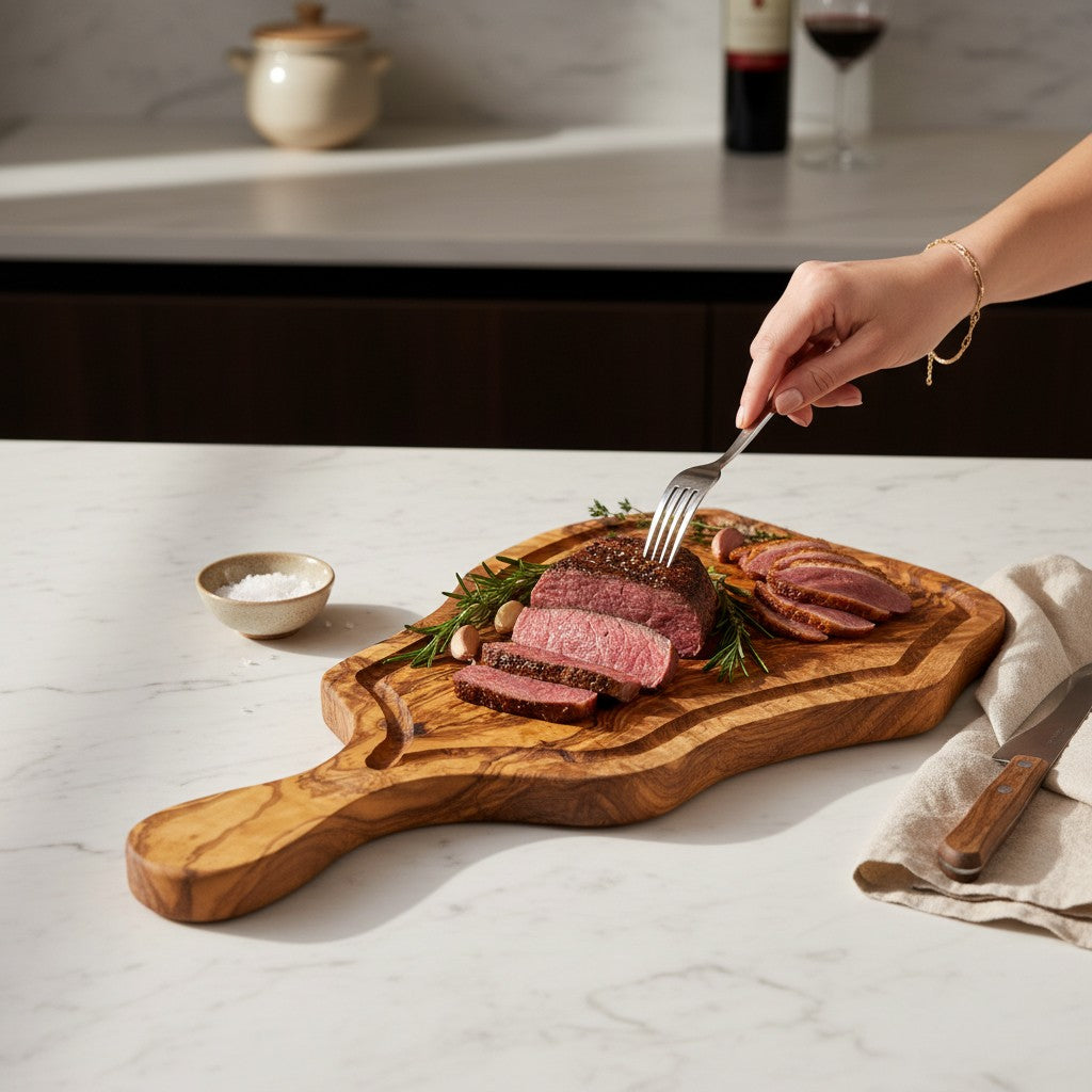 Handmade Olive Wood Freeform Meat Carving Board with Handle & Juice Groove | Live Edge Steak & Serving Board | Natural Grain | 45–60 cm