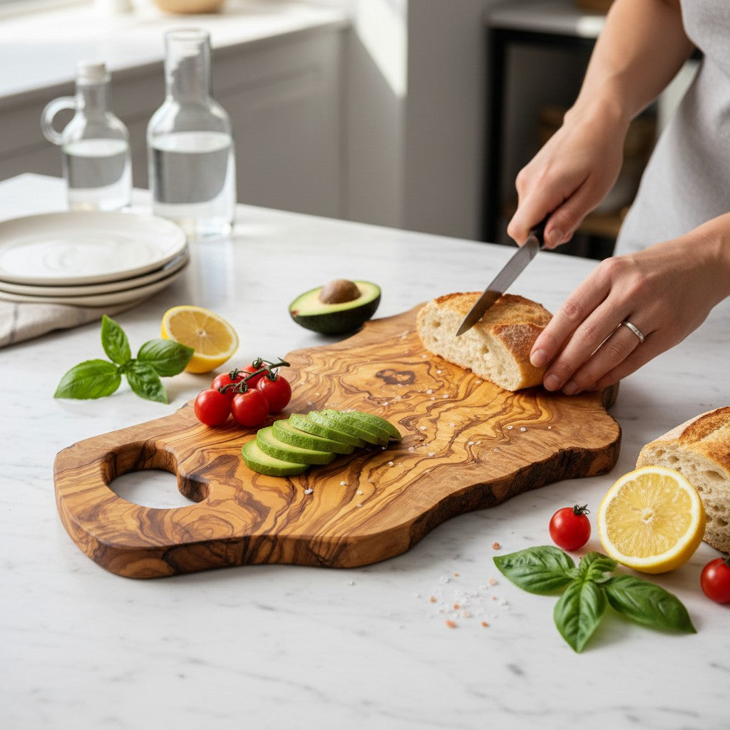 Handmade Olive Wood Freeform Cutting Board with Handle | Live Edge Charcuterie & Serving Board | Unique Natural Grain | 40–80 cm