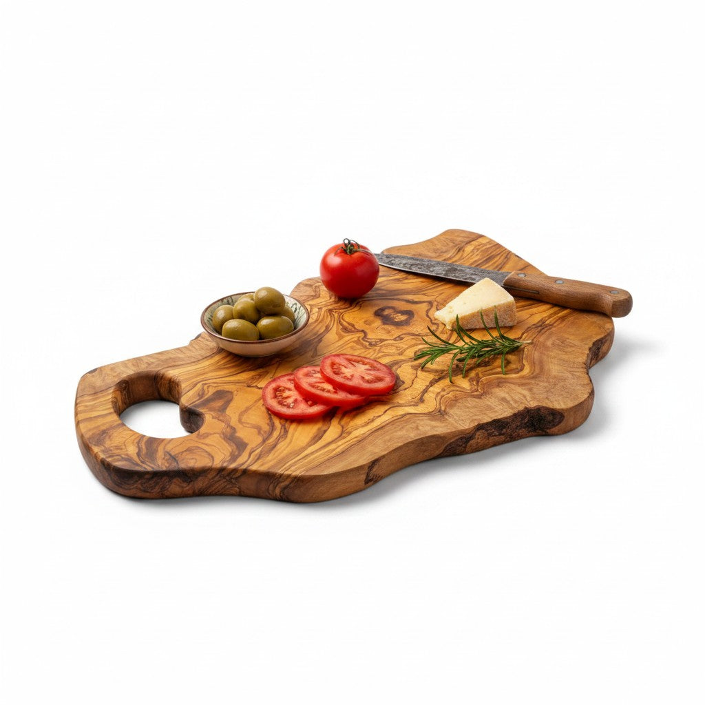 Handmade Olive Wood Freeform Cutting Board with Handle | Live Edge Charcuterie & Serving Board | Unique Natural Grain | 40–80 cm
