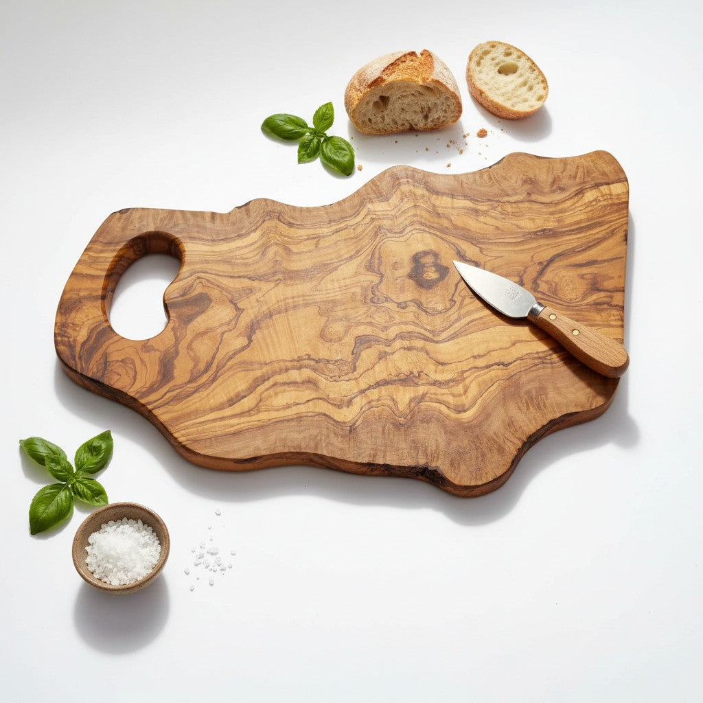Handmade Olive Wood Freeform Cutting Board with Handle | Live Edge Charcuterie & Serving Board | Unique Natural Grain | 40–80 cm