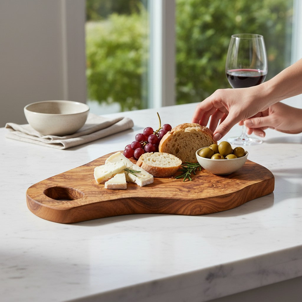 Handmade Olive Wood Freeform Cutting Board with Handle | Live Edge Charcuterie & Serving Board | Unique Natural Grain | 40–80 cm