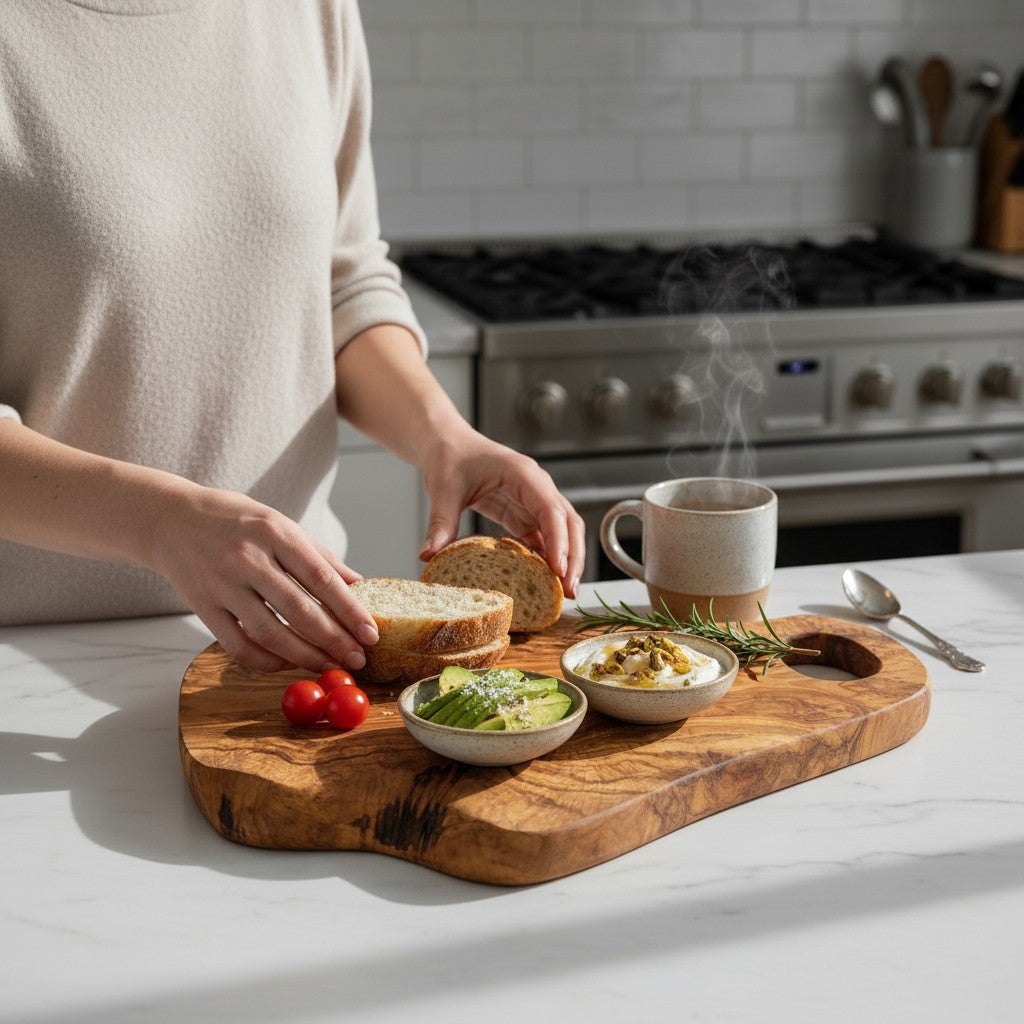 Handmade Olive Wood Freeform Cutting Board with Handle | Live Edge Charcuterie & Serving Board | Unique Natural Grain | 40–80 cm