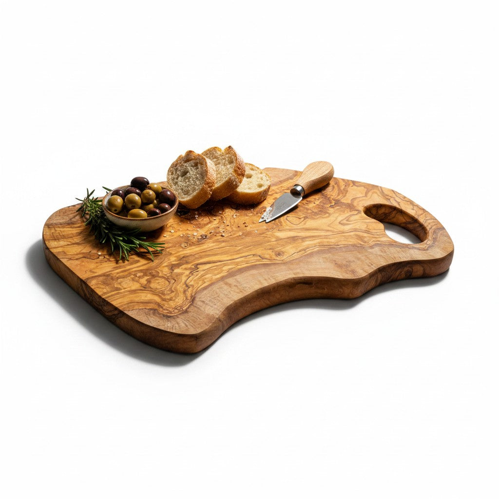 Handmade Olive Wood Freeform Cutting Board with Handle | Live Edge Charcuterie & Serving Board | Unique Natural Grain | 40–80 cm