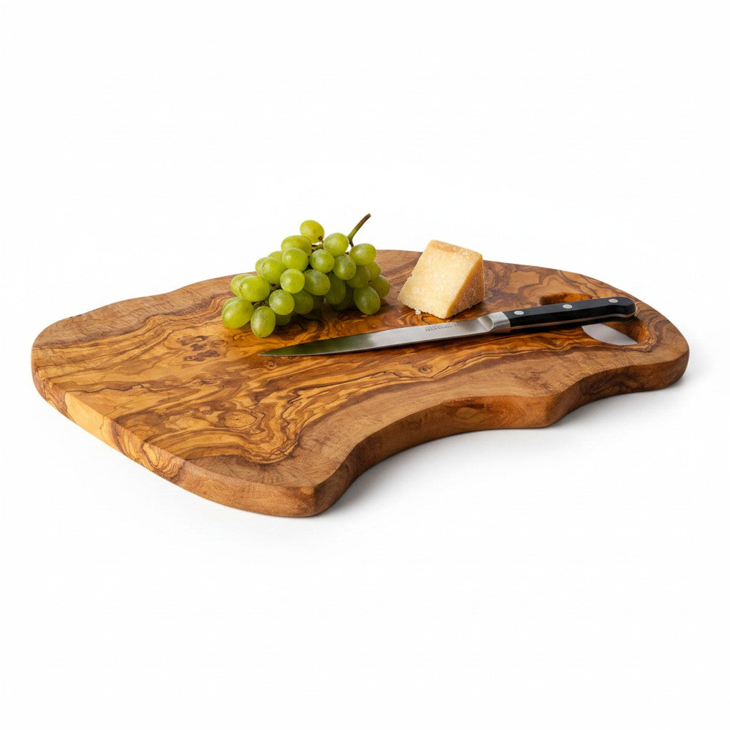 Handmade Olive Wood Freeform Cutting Board with Handle | Live Edge Charcuterie & Serving Board | Unique Natural Grain | 40–80 cm