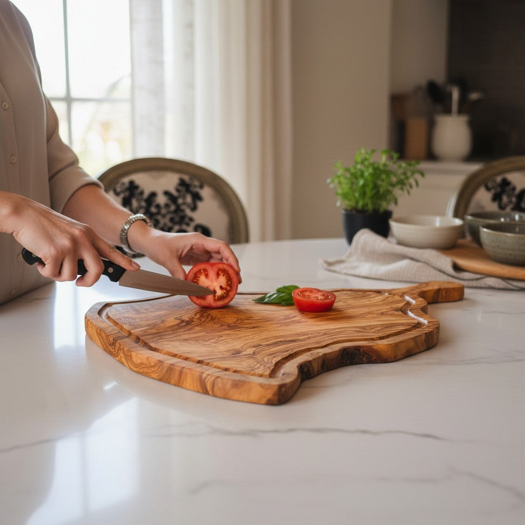 Handmade Olive Wood Freeform Meat Carving Board with Handle & Juice Groove | Live Edge Steak & Serving Board | Natural Grain | 45–60 cm
