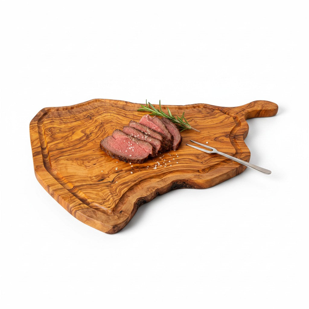 Handmade Olive Wood Freeform Meat Carving Board with Handle & Juice Groove | Live Edge Steak & Serving Board | Natural Grain | 45–60 cm