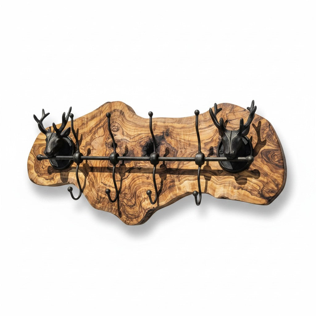 Rustic Live Edge Olive Wood Wall Coat Rack with Stag Head Accents