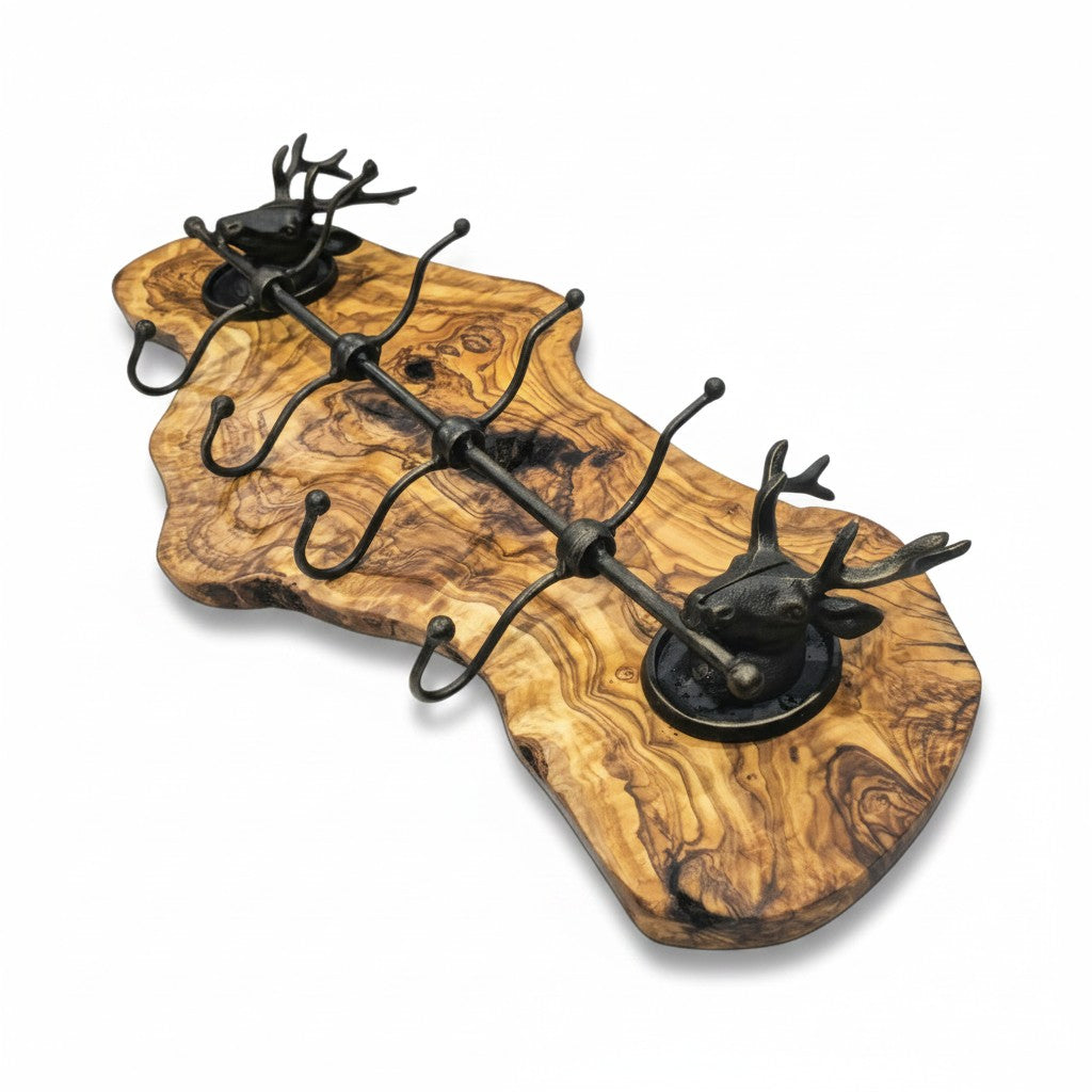 Rustic Live Edge Olive Wood Wall Coat Rack with Stag Head Accents