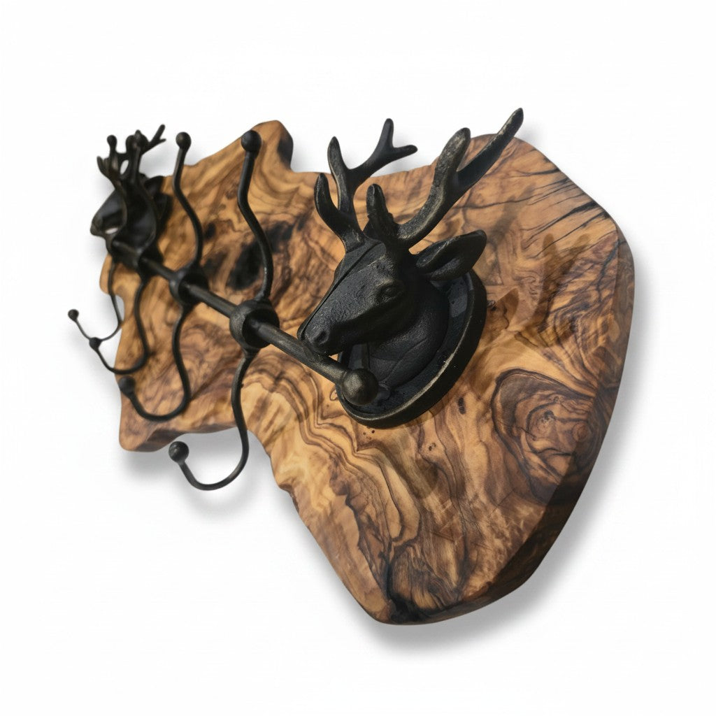 Rustic Live Edge Olive Wood Wall Coat Rack with Stag Head Accents