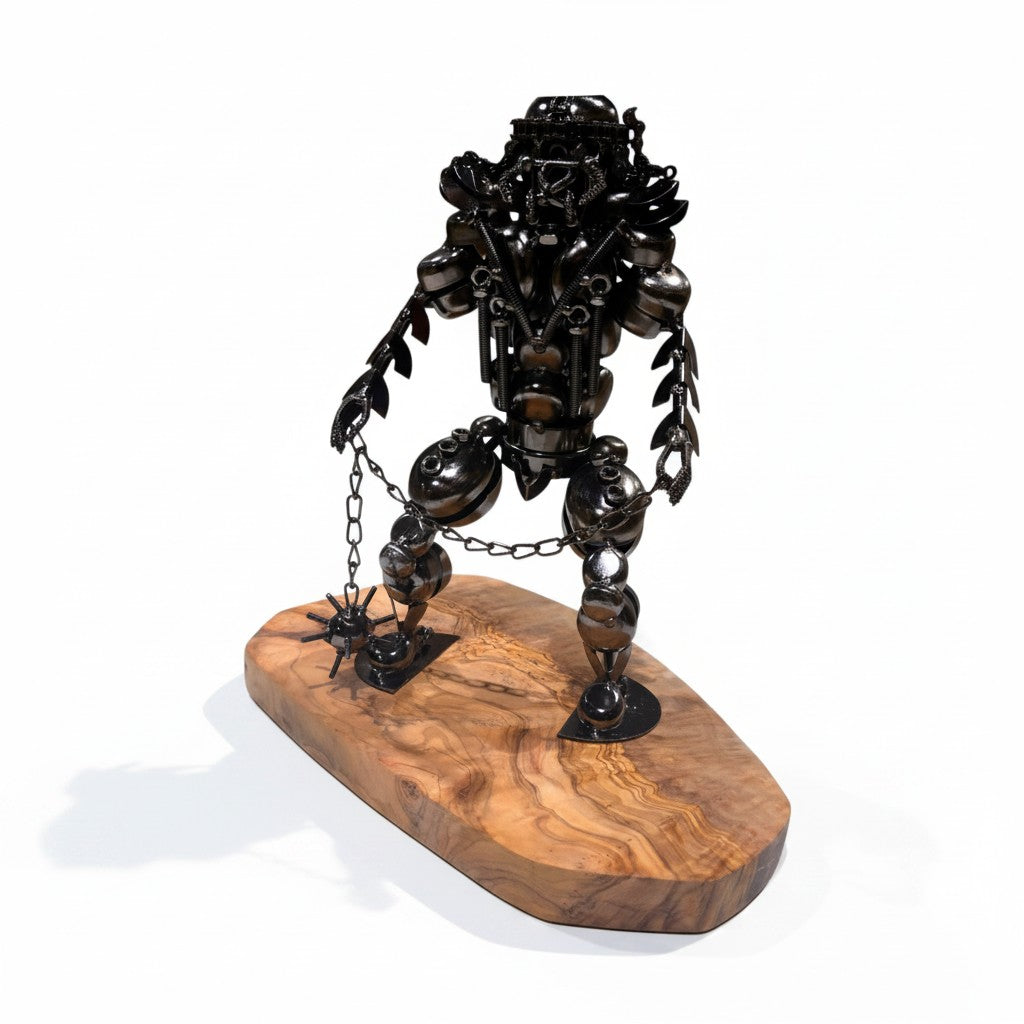 Industrial Steampunk Robot Gladiator Sculpture | Luxury Olive Wood Base Desk Art