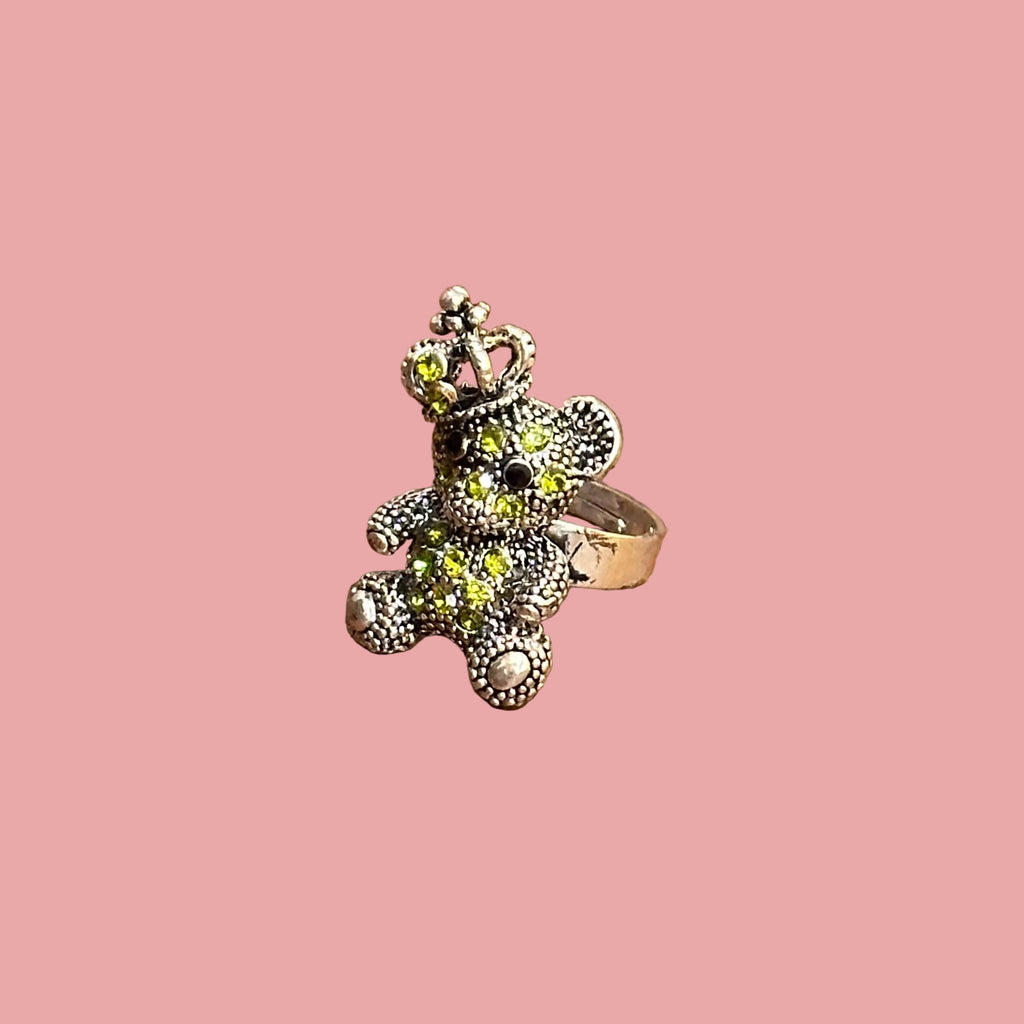 Diamante Teddy Bear Ring Silver Tone - Adjustable Size N
