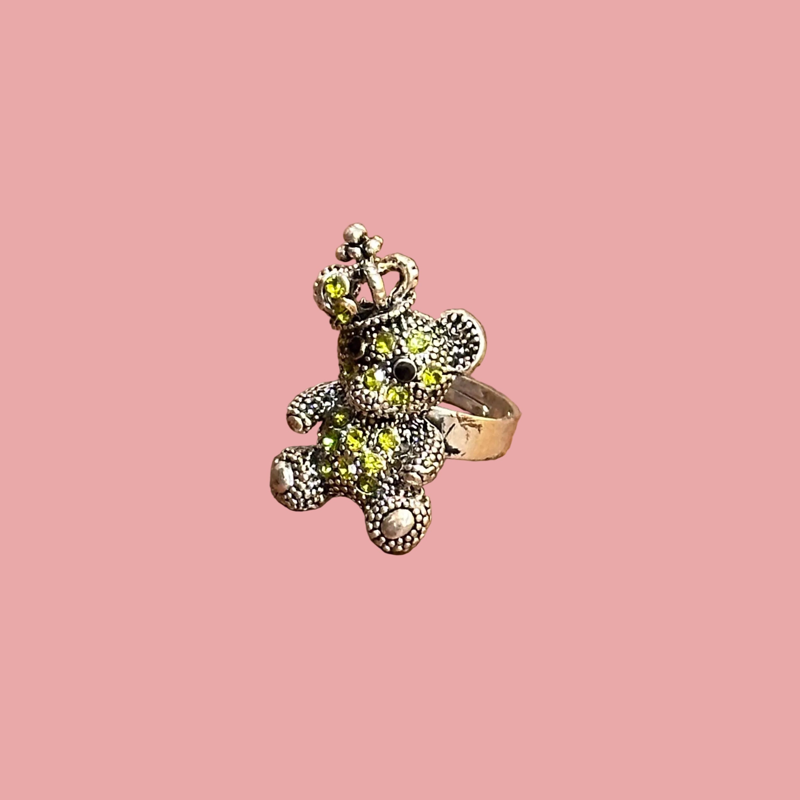 Diamante Teddy Bear Ring Silver Tone - Adjustable Size N