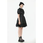 Dark in Love Belladonna Lace-Up High Collar Puff Sleeve Goth Dress in Black