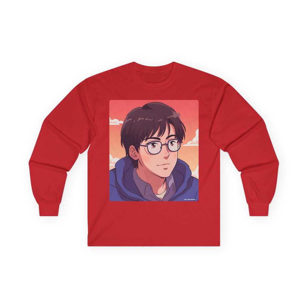 Geek Anime Boy Long Sleeve Tee 100% Cotton Retro Japanese Cartoon T-Shirt Gift Red