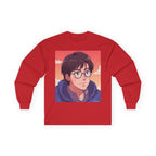 Geek Anime Boy Long Sleeve Tee 100% Cotton Retro Japanese Cartoon T-Shirt Gift Red