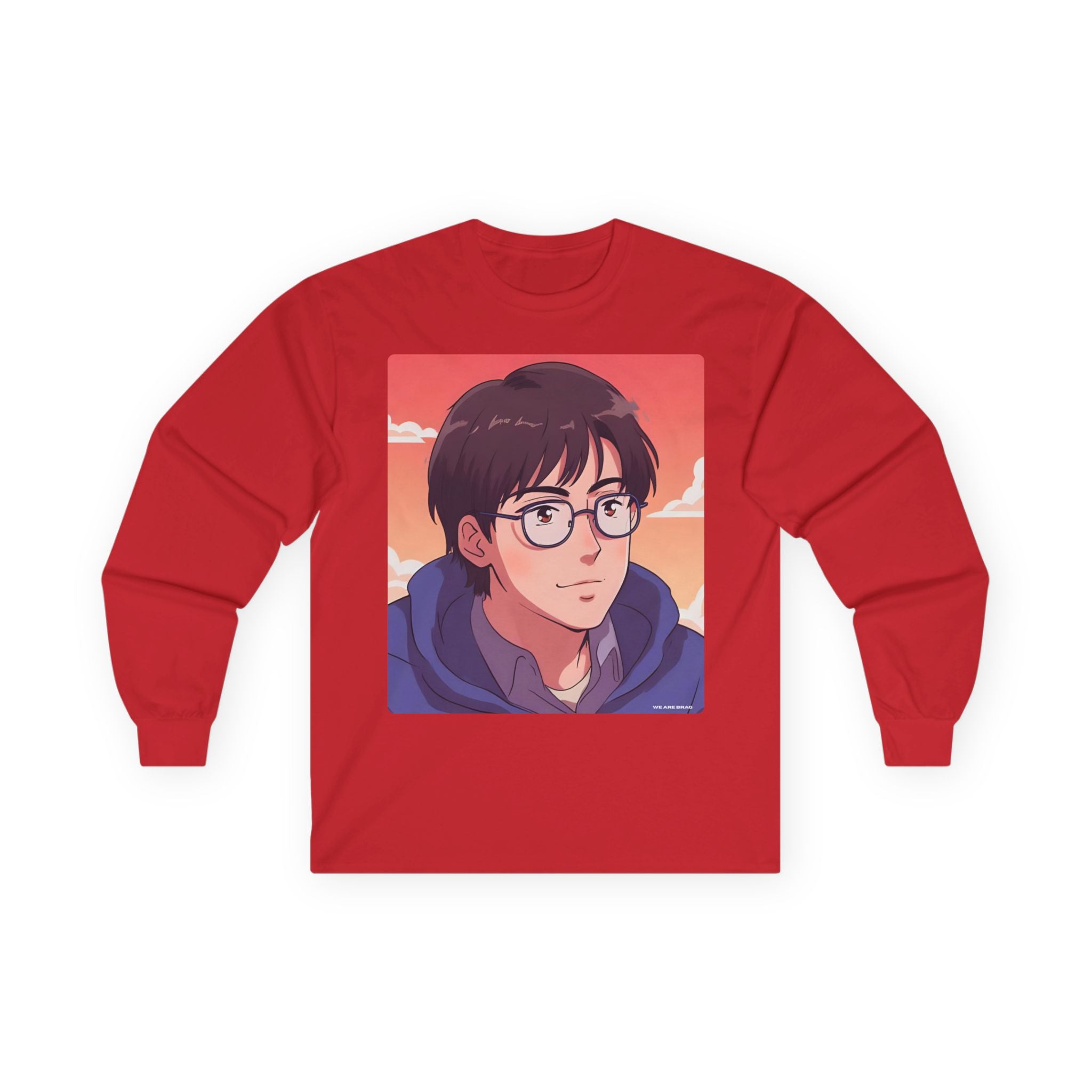 Geek Anime Boy Long Sleeve Tee 100% Cotton Retro Japanese Cartoon T-Shirt Gift Red