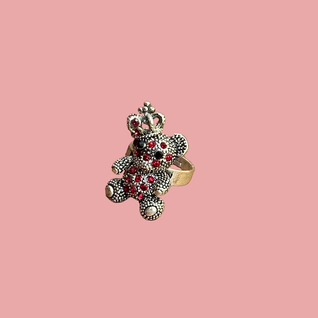 Diamante Teddy Bear Ring Silver Tone - Adjustable Size N Red