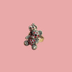 Diamante Teddy Bear Ring Silver Tone - Adjustable Size N Red