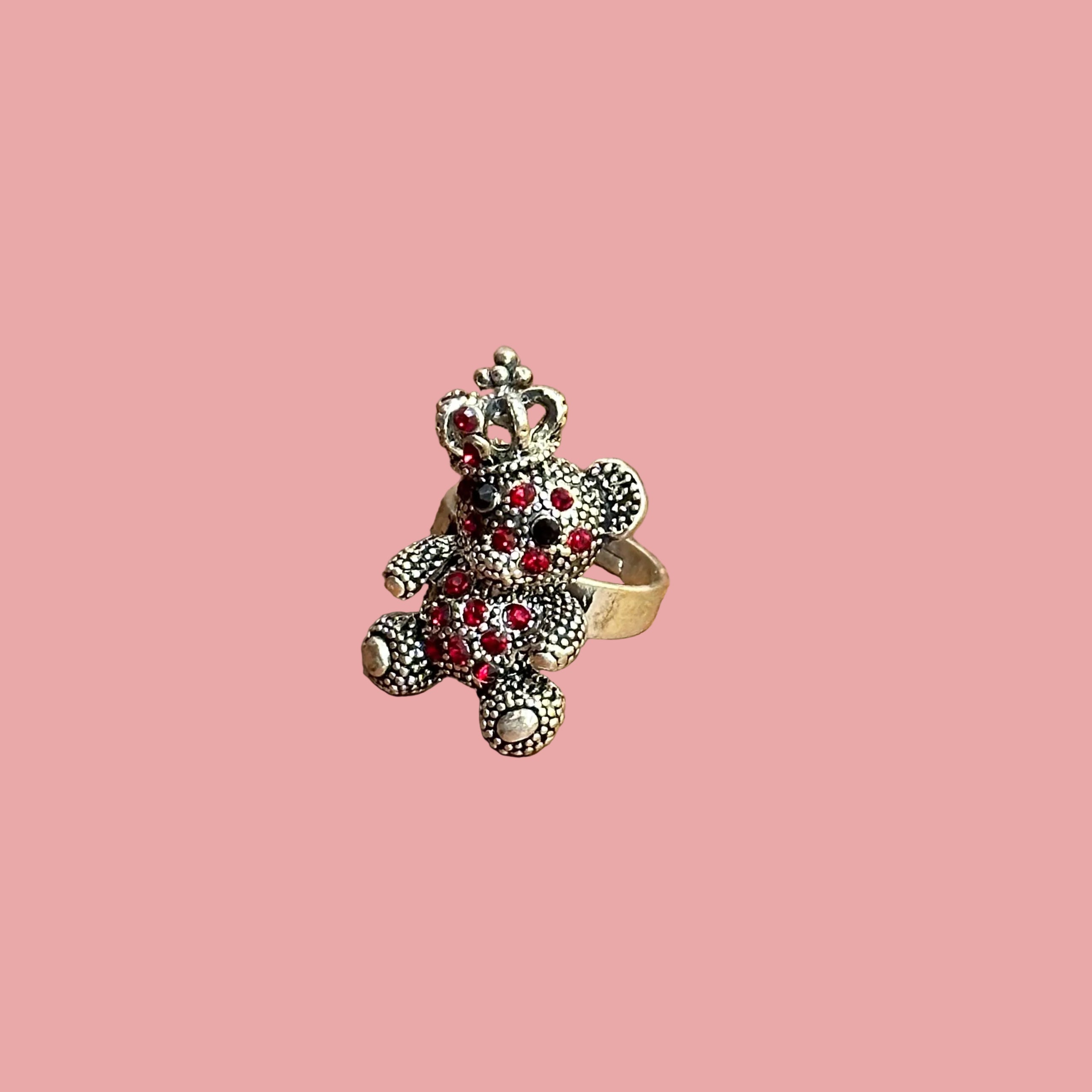 Diamante Teddy Bear Ring Silver Tone - Adjustable Size N Red