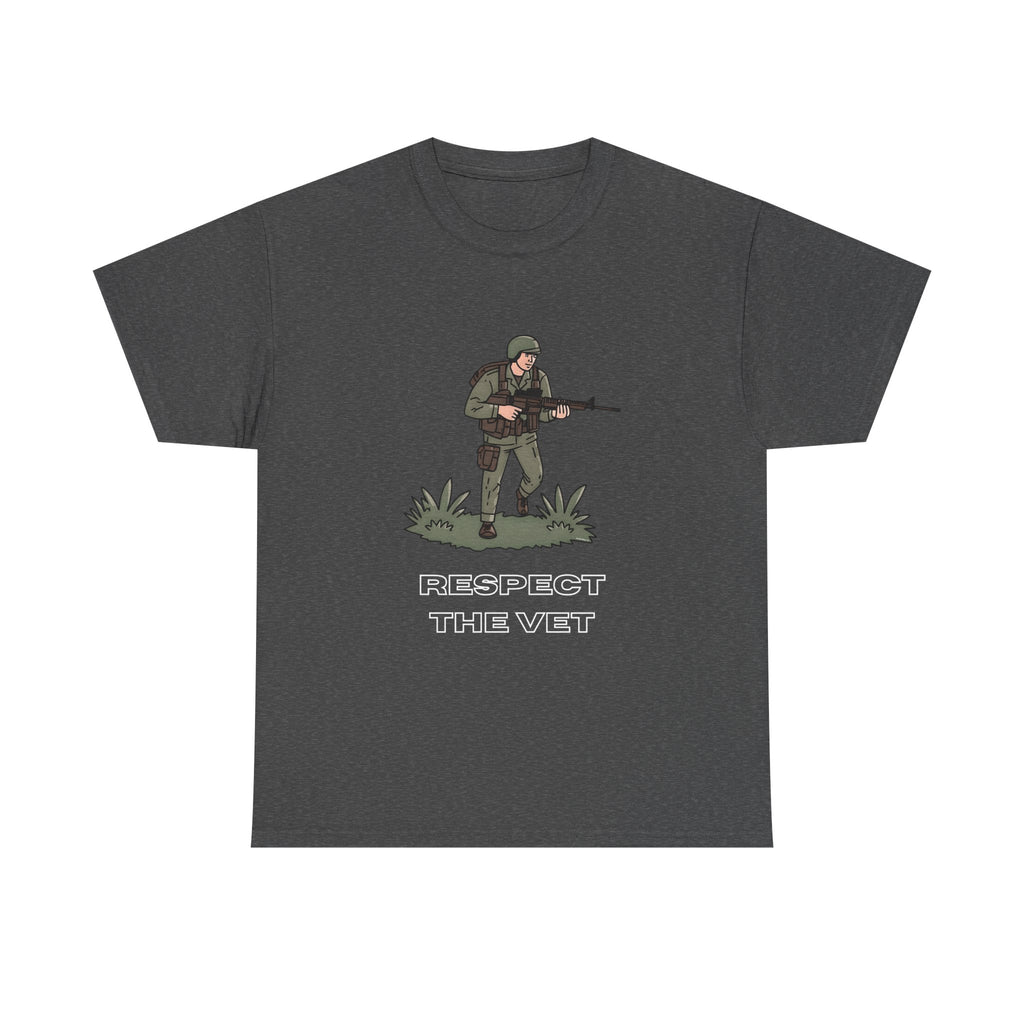 Respect The Vet Printed T-Shirt 100% Cotton Novelty Army Soldier Veteran Tee Dark Heather