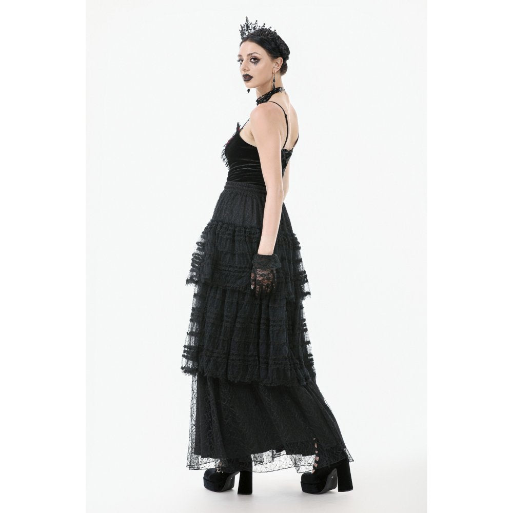 Dark in Love Morticia Gothic Velvet & Lace Skirt in Black