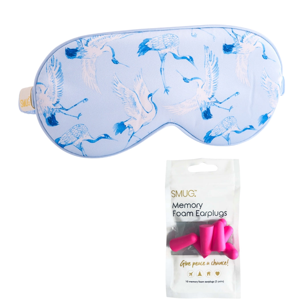 Satin Sleep Mask - Cranes Print Sleep Mask & Pink Earplugs