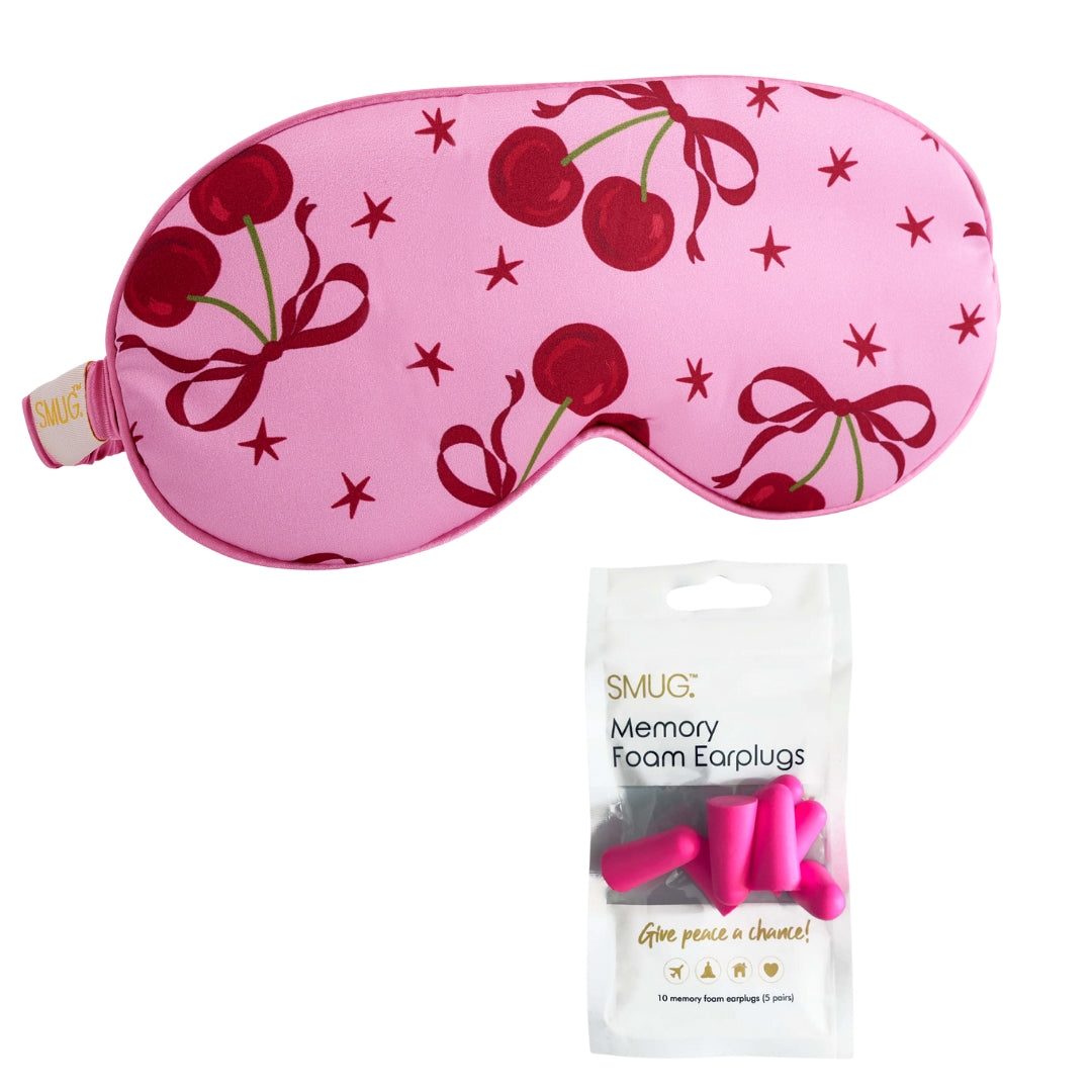 Satin Sleep Mask - Pink Cherries Print Sleep Mask & Pink Earplugs