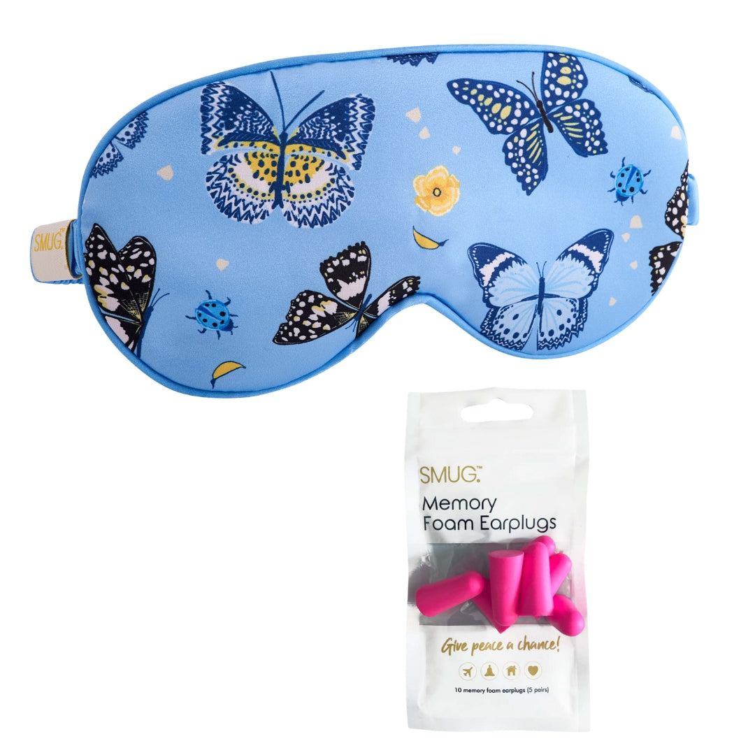 Satin Sleep Mask - Butterflies Print Sleep Mask & Pink Earplugs
