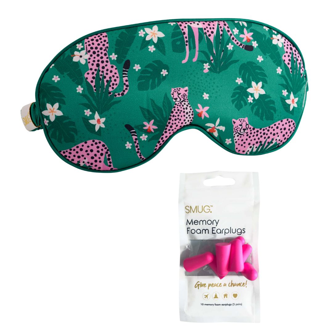 Satin Sleep Mask - Cheetah Print Sleep Mask & Pink Earplugs