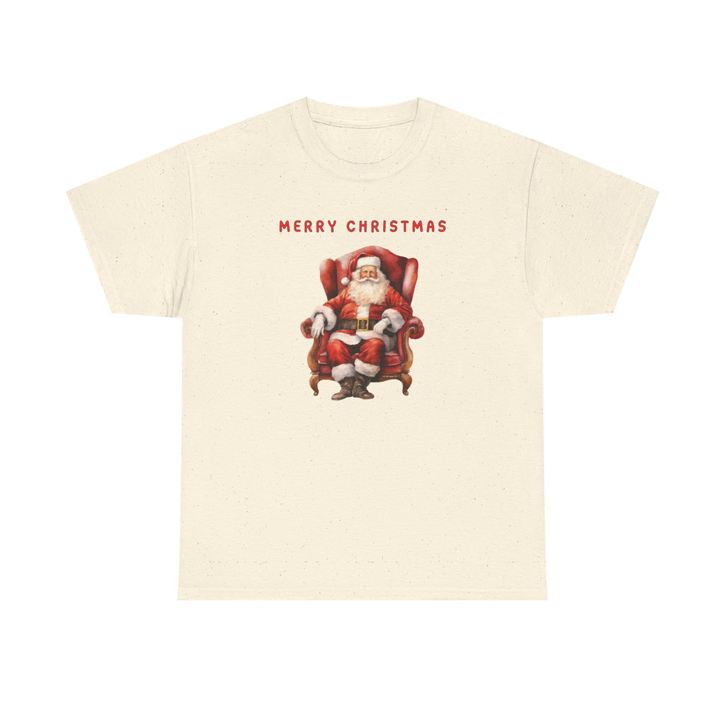 Merry Christmas Santa Throne Printed T-Shirt 100% Cotton Novelty Santa Claus Xmas Tee Gift Natural
