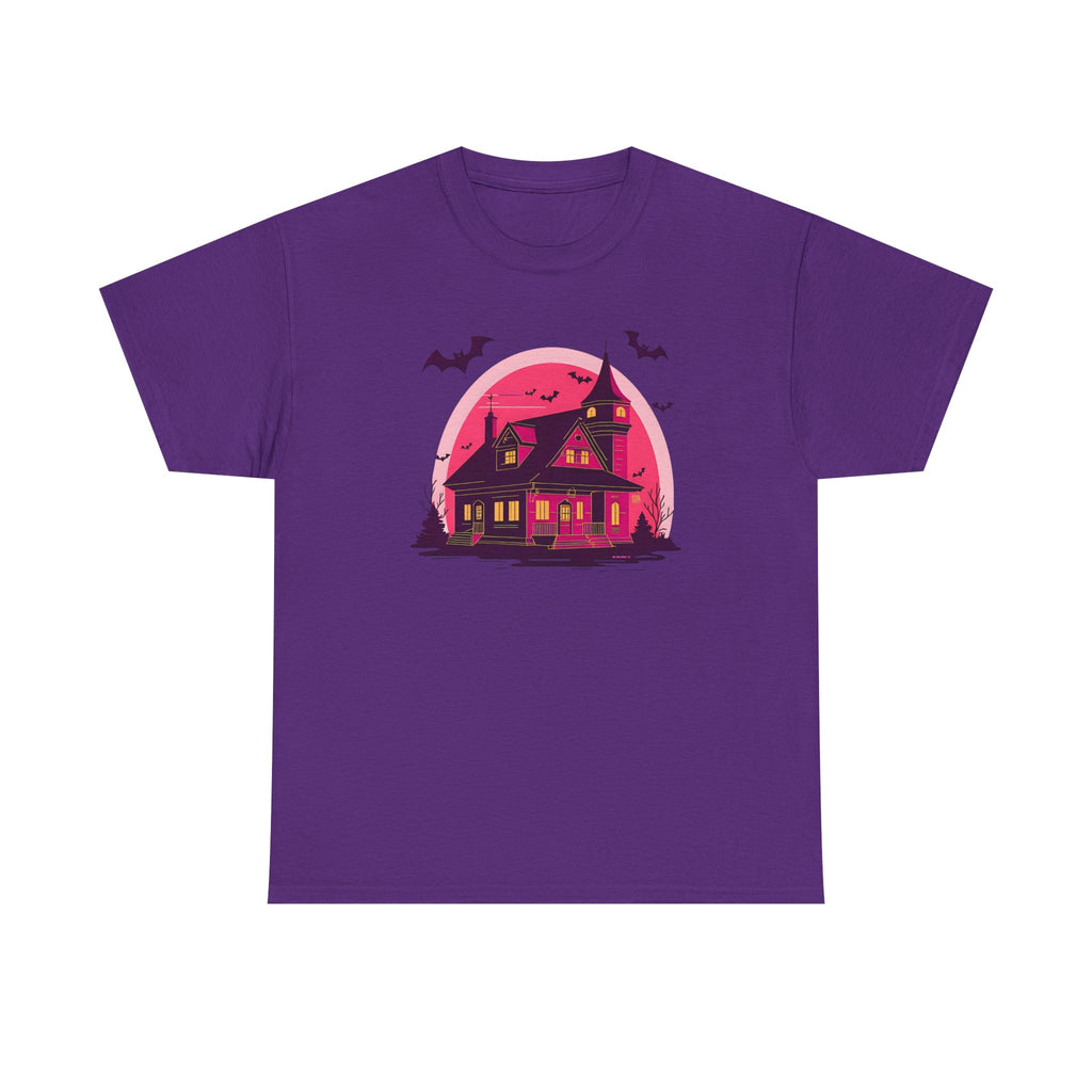 Haunted House Printed T-Shirt 100% Cotton Novelty Scary Halloween Tee Purple