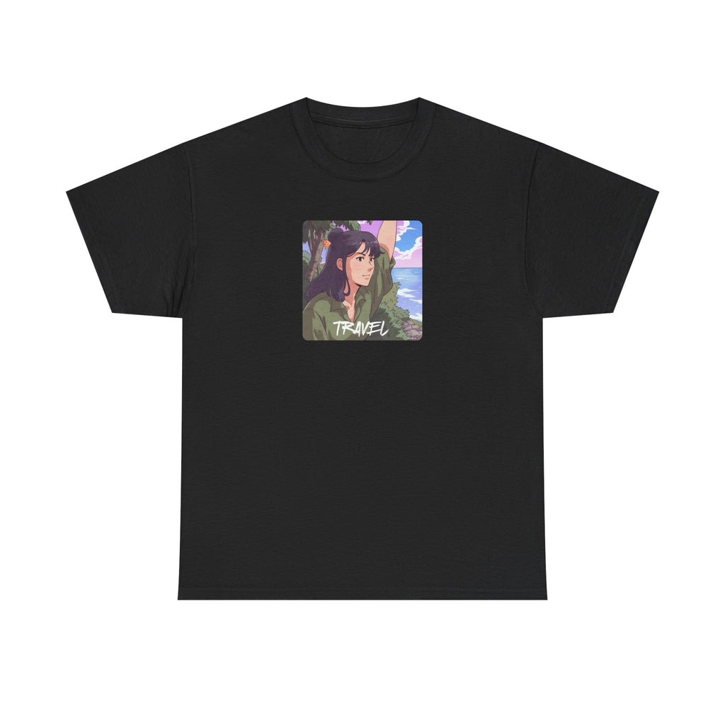 Travel Anime Girl Printed T-Shirt 100% Cotton Novelty Travelling Island Sunshine Tee Gift Black