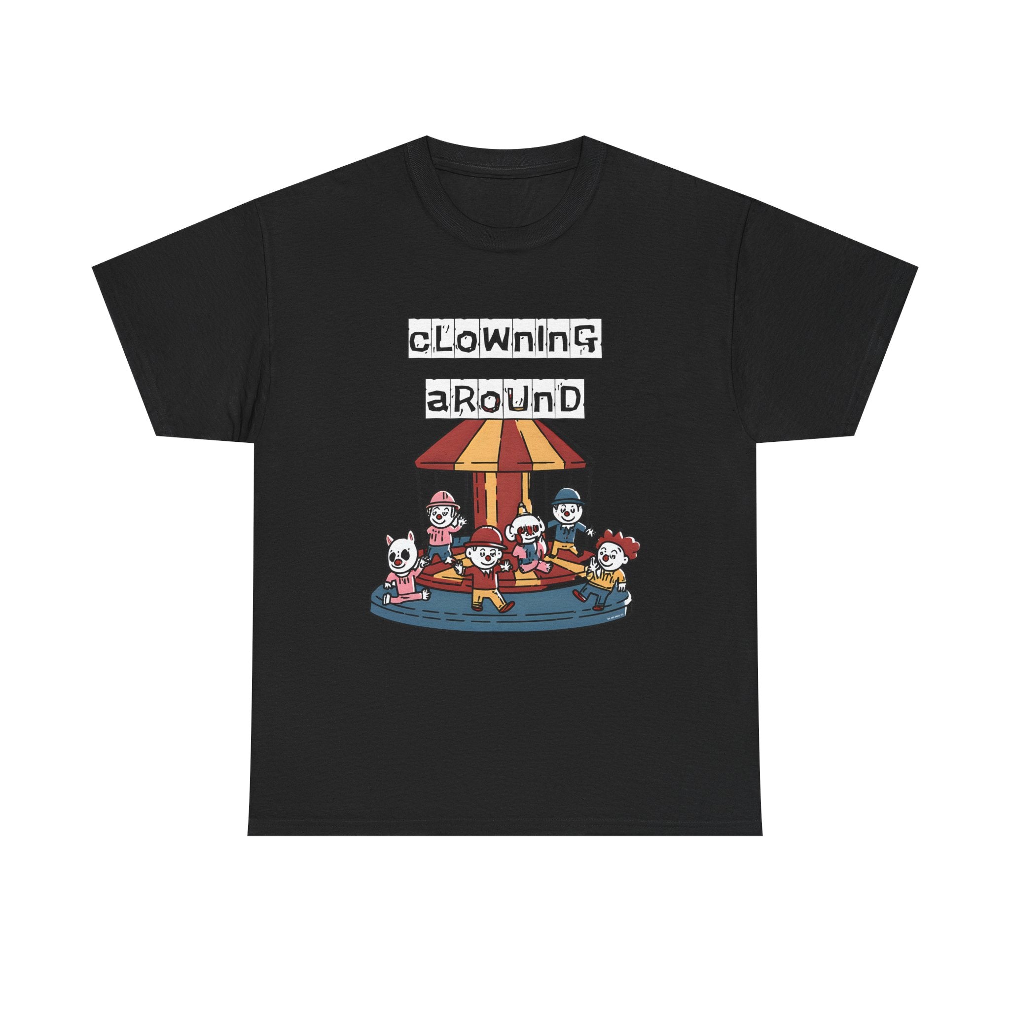 Clowning Around Novelty Printed T-Shirt 100% Cotton Weird Clown Merry Go Round Halloween Tee Black