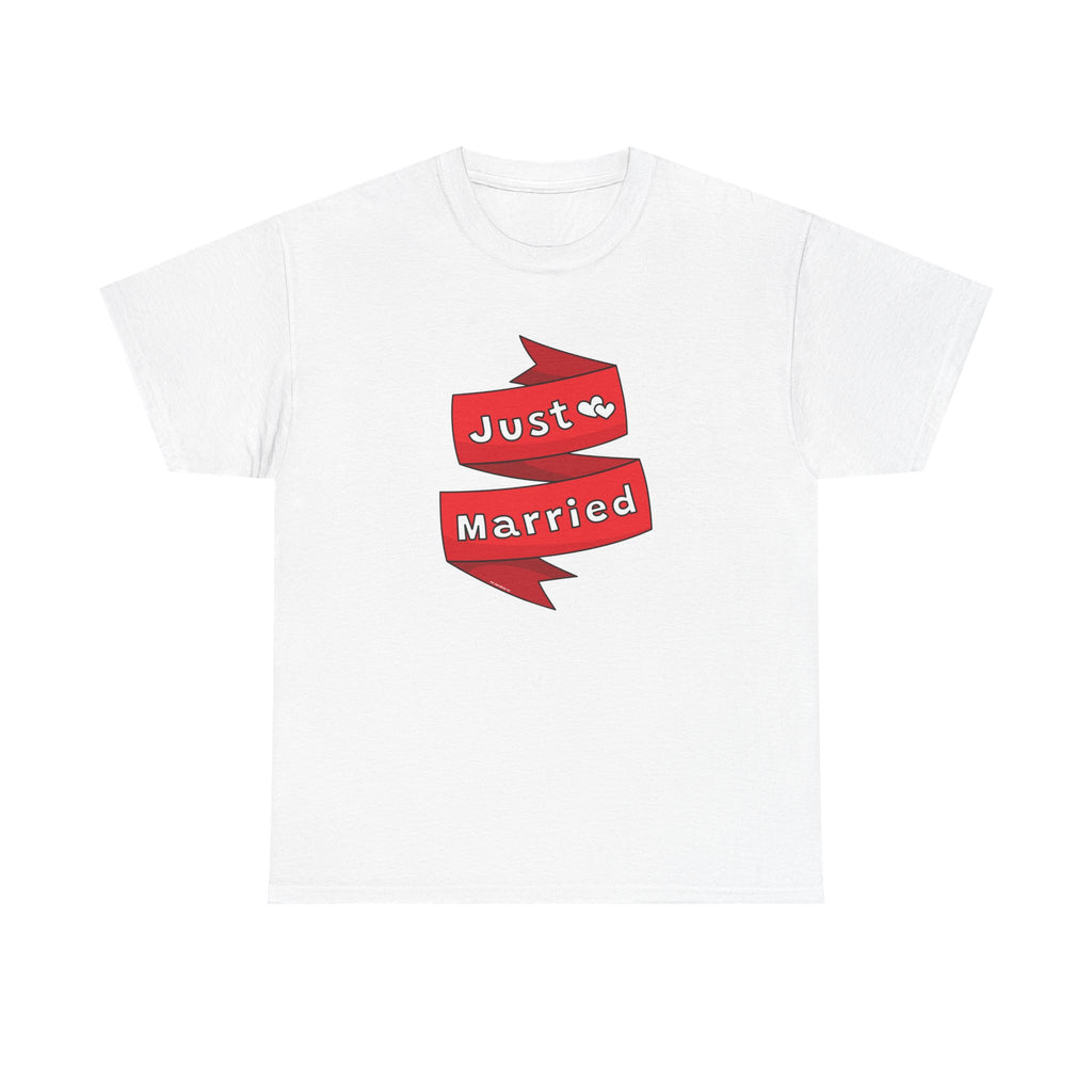 Just Married Red Ribbon Printed T-Shirt 100% Cotton Novelty Newly Wed Tee Gift White