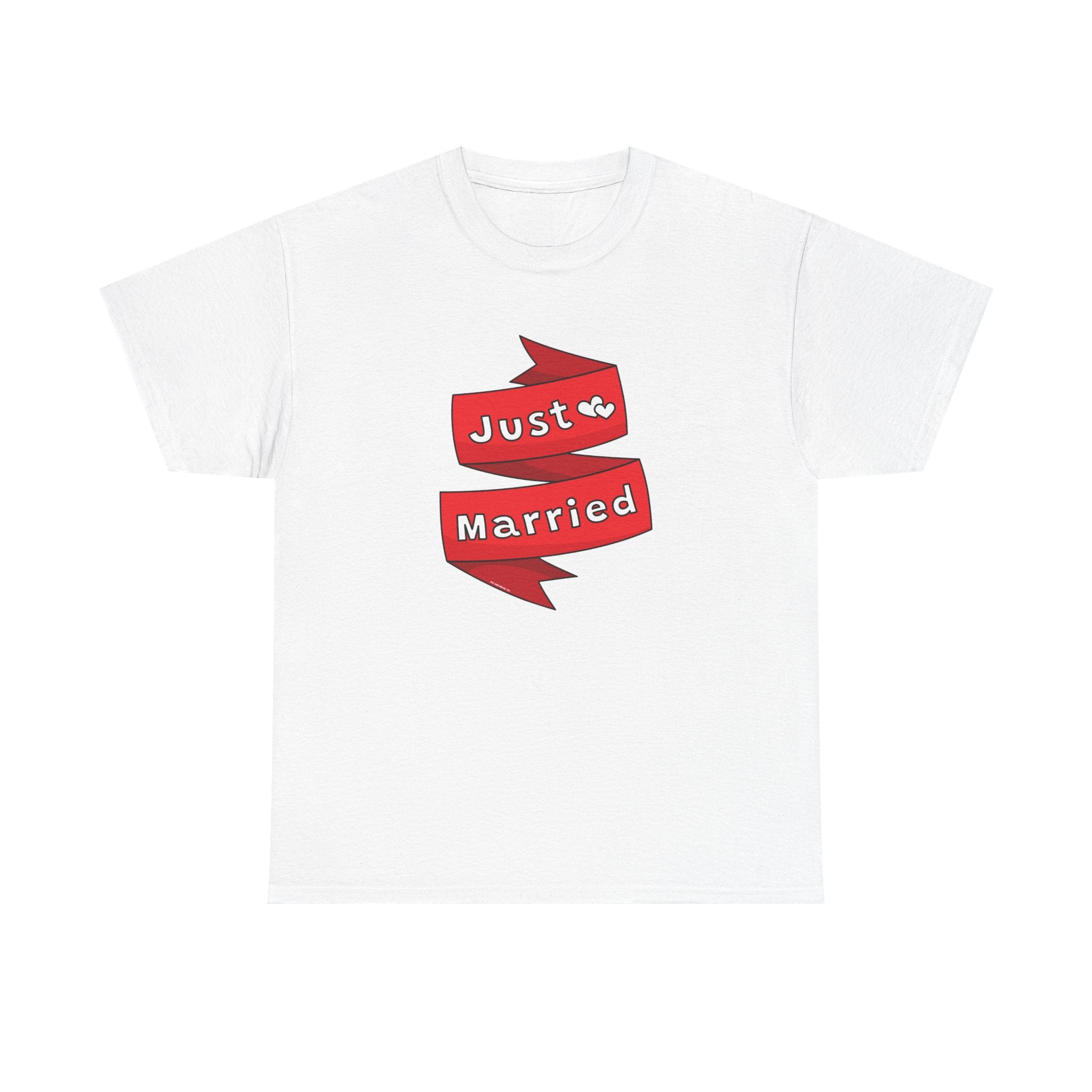 Just Married Red Ribbon Printed T-Shirt 100% Cotton Novelty Newly Wed Tee Gift White