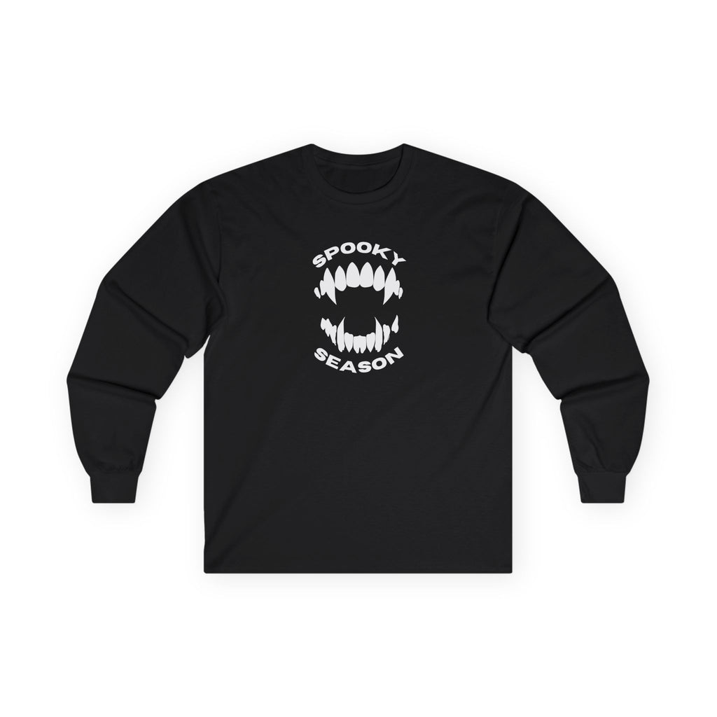 Spooky Season Long Sleeve Tee 100% Cotton Scary Vampire Teeth Halloween T-Shirt Gift Black