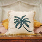 Linen Cushion Cover 60x60cm Palm Tree with Fringe
