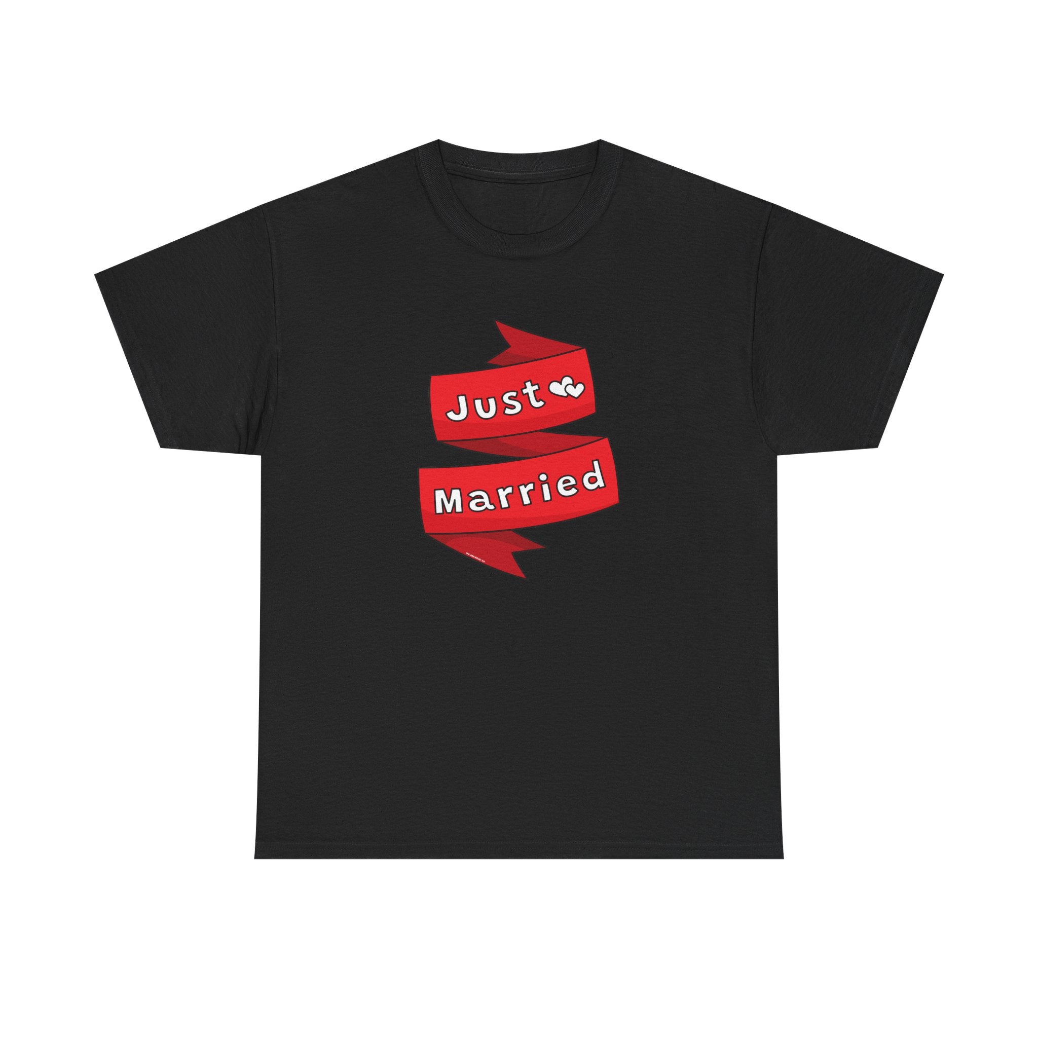 Just Married Red Ribbon Printed T-Shirt 100% Cotton Novelty Newly Wed Tee Gift Black