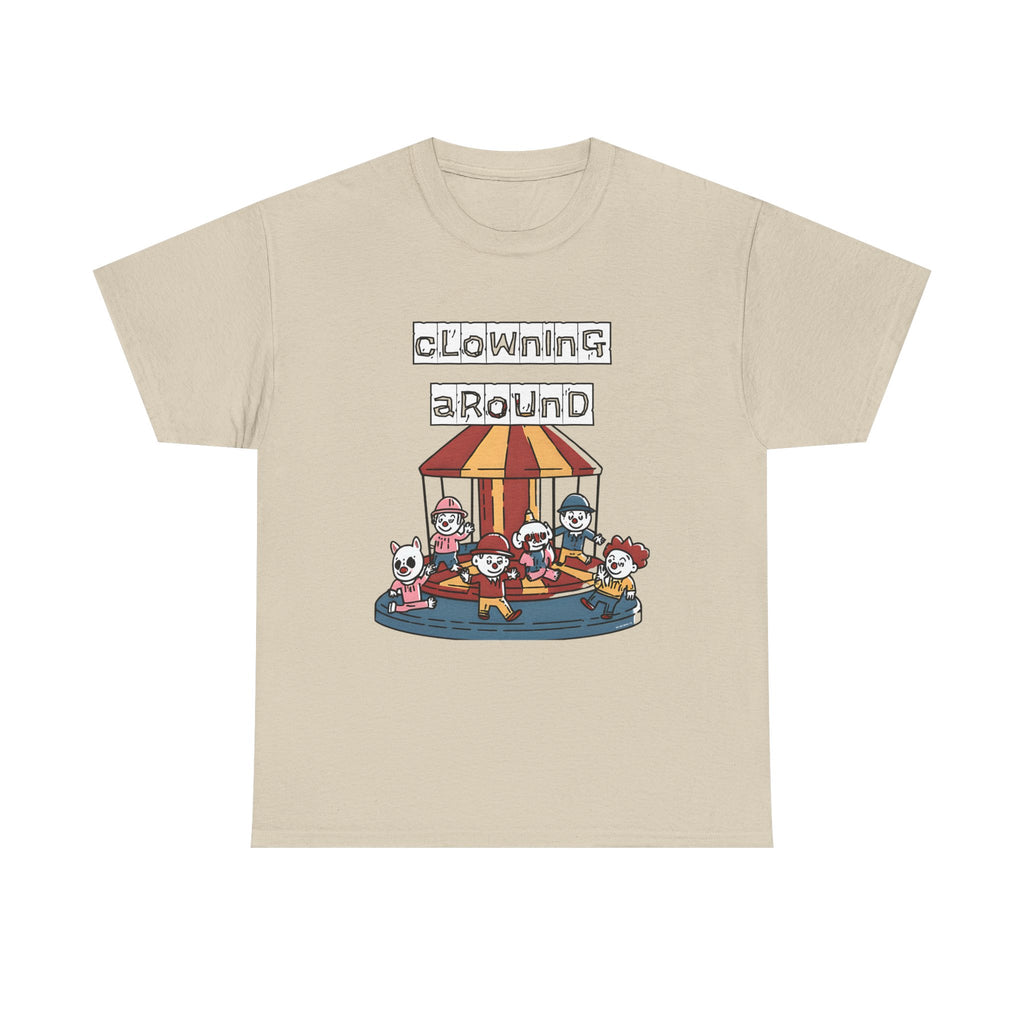Clowning Around Novelty Printed T-Shirt 100% Cotton Weird Clown Merry Go Round Halloween Tee Sand