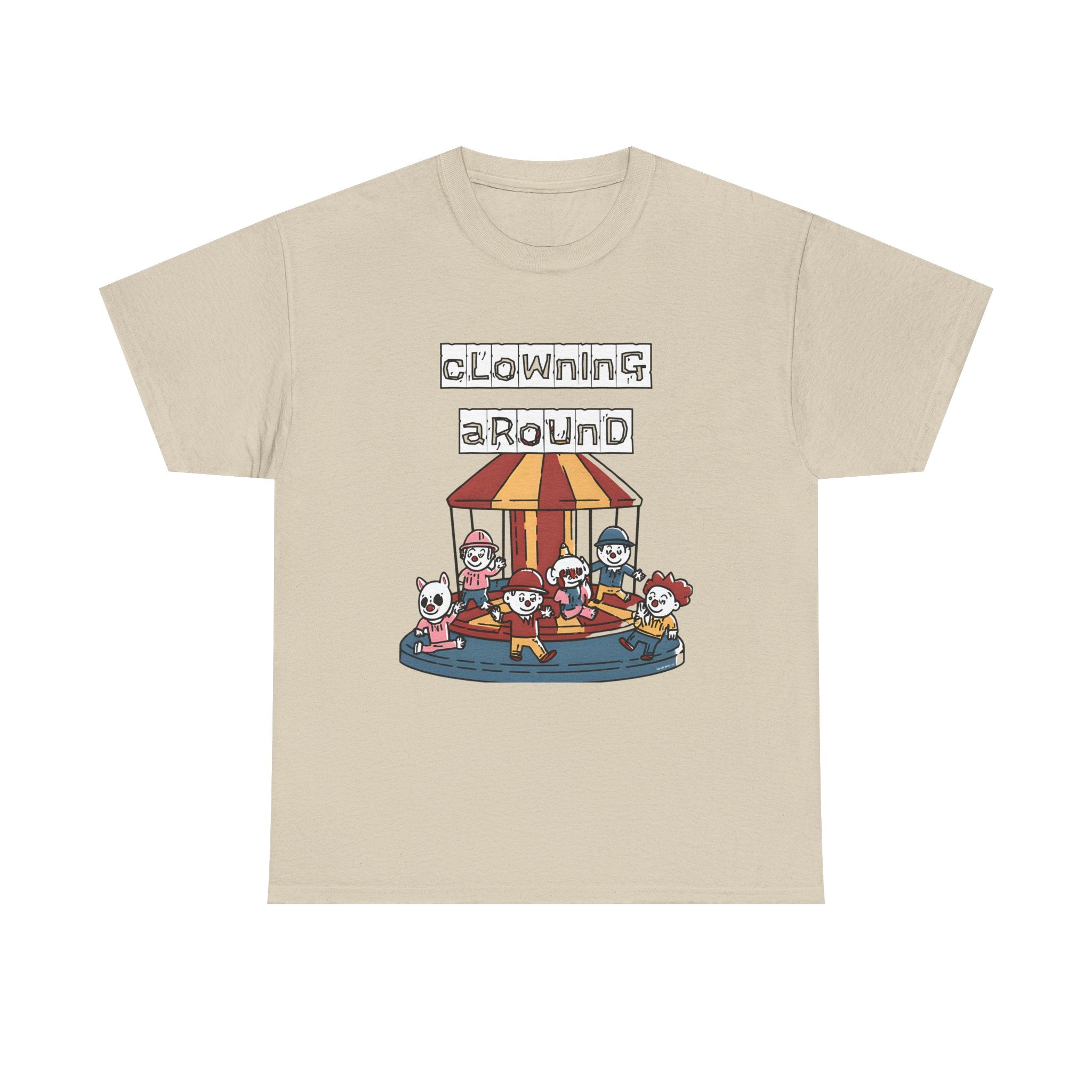 Clowning Around Novelty Printed T-Shirt 100% Cotton Weird Clown Merry Go Round Halloween Tee Sand