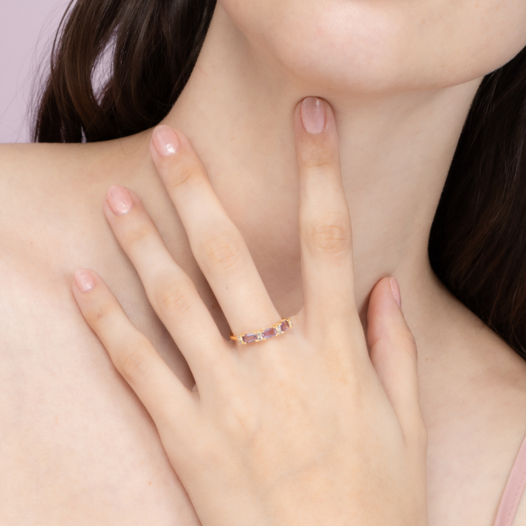Lavender Amethyst Emerald Cut Eternity Ring in 18k Gold Vermeil