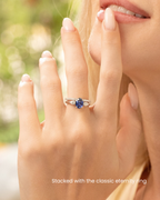 Blue Sapphire Oval Cut Three Stone Engagement Ring in Sterling Silver