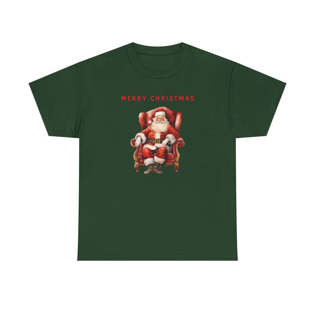 Merry Christmas Santa Throne Printed T-Shirt 100% Cotton Novelty Santa Claus Xmas Tee Gift Forest Green