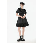 Dark in Love Belladonna Lace-Up High Collar Puff Sleeve Goth Dress in Black