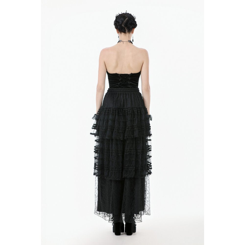 Dark in Love Morticia Gothic Velvet & Lace Skirt in Black