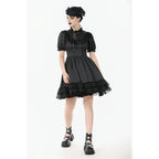 Dark in Love Belladonna Lace-Up High Collar Puff Sleeve Goth Dress in Black