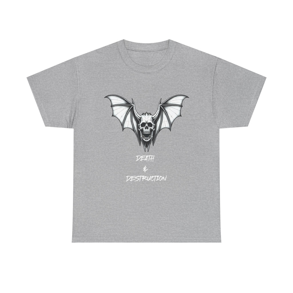 Death & Destruction Bat Skull Printed T-Shirt 100% Cotton Goth Biker Halloween Tee Sport Grey