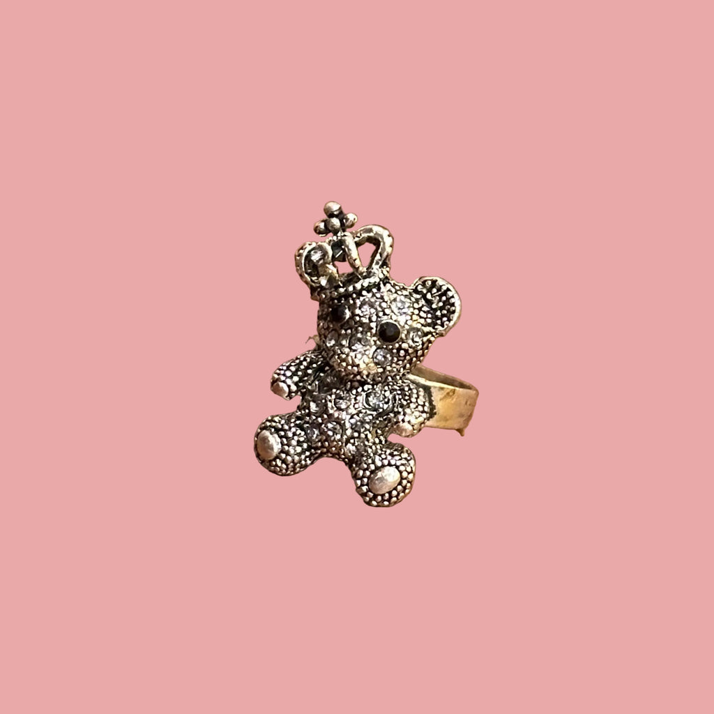 Diamante Teddy Bear Ring Silver Tone - Adjustable Size N White Clear