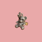 Diamante Teddy Bear Ring Silver Tone - Adjustable Size N White Clear