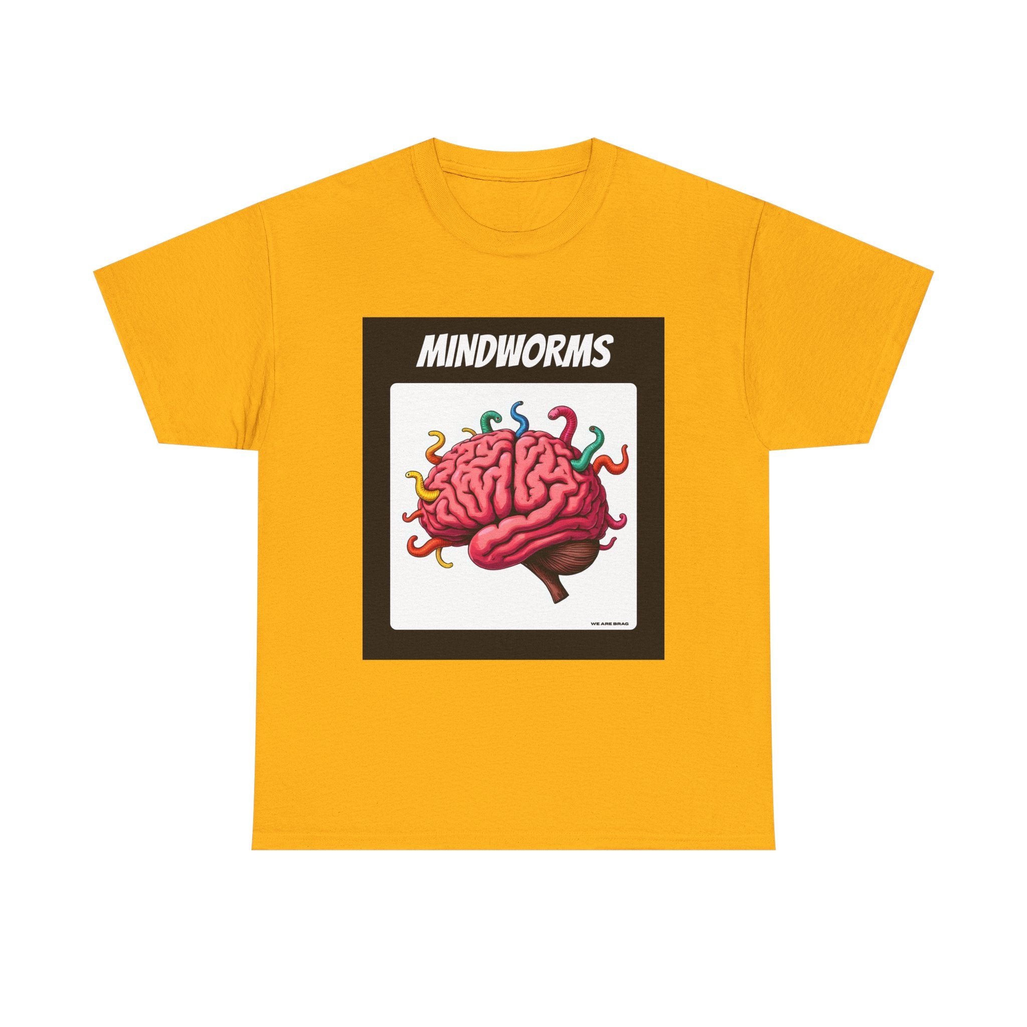 Mindworms Brain Printed T-Shirt 100% Cotton Weird Retro Novelty Worms Tee Gold